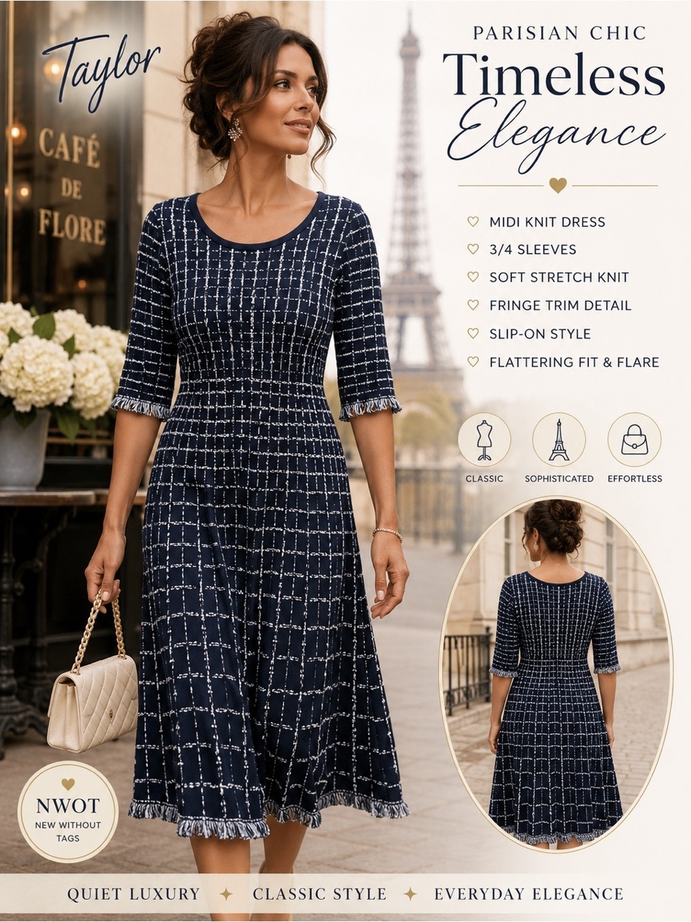 Taylor Black Windowpane Knit Dress Quiet Luxury Parisian Chic Fit & Flare Fringe